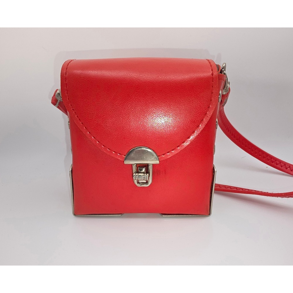 Red Leather Micro Crossbody Trunk Bag Silver Hardware Rivet Detail‎ Structured